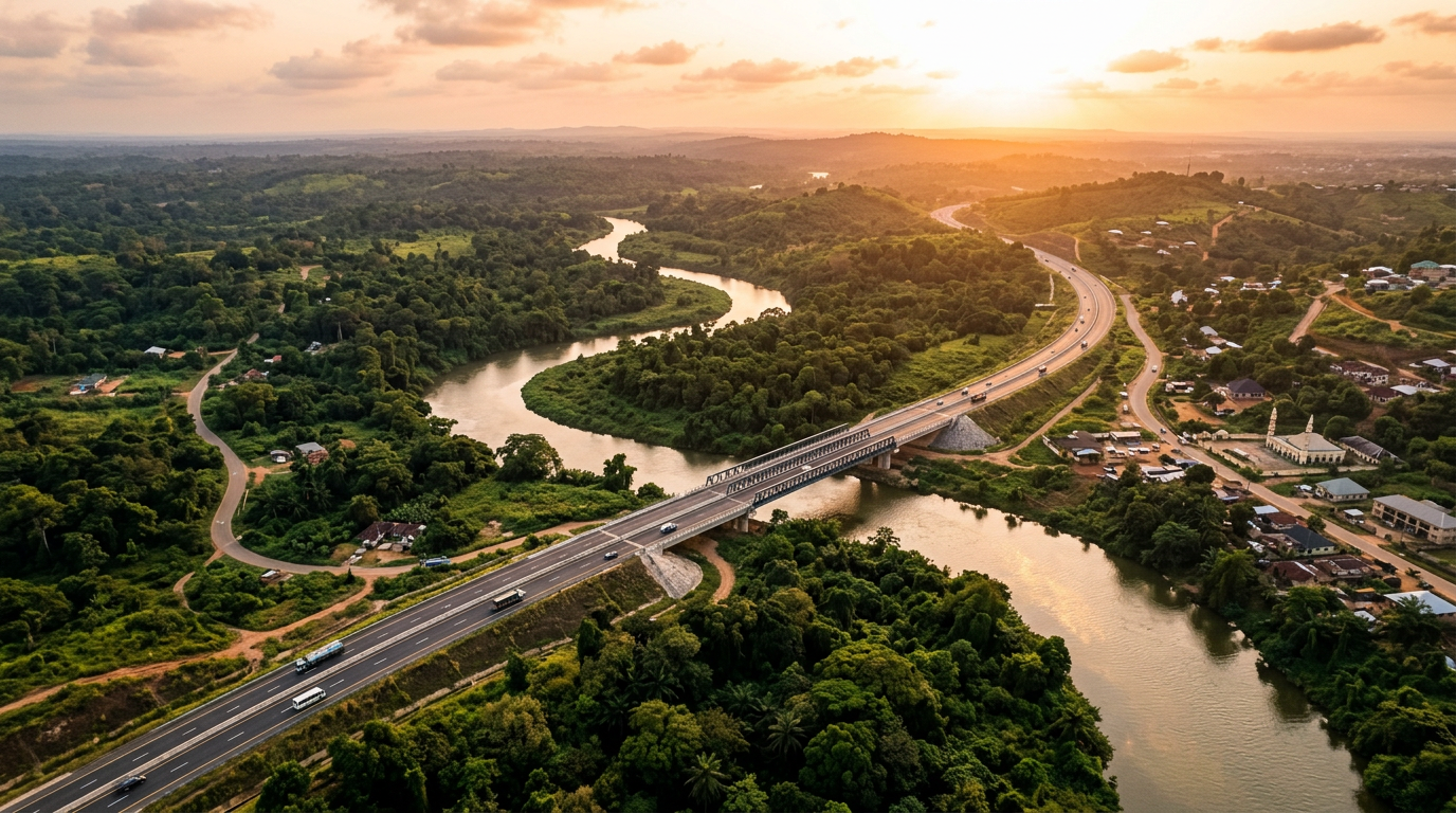 Aerial view of Nigerian landscape — river, vegetation and infrastructure