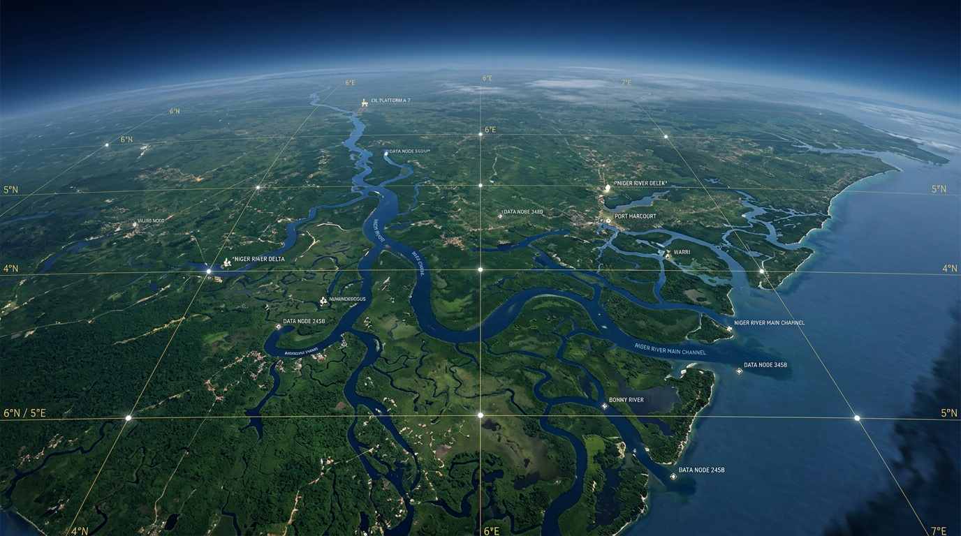 Geospatial intelligence view of African terrain with data overlay