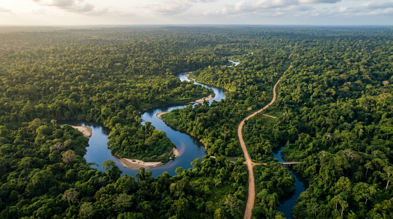 Aerial view of tropical forest and river — environmental intelligence