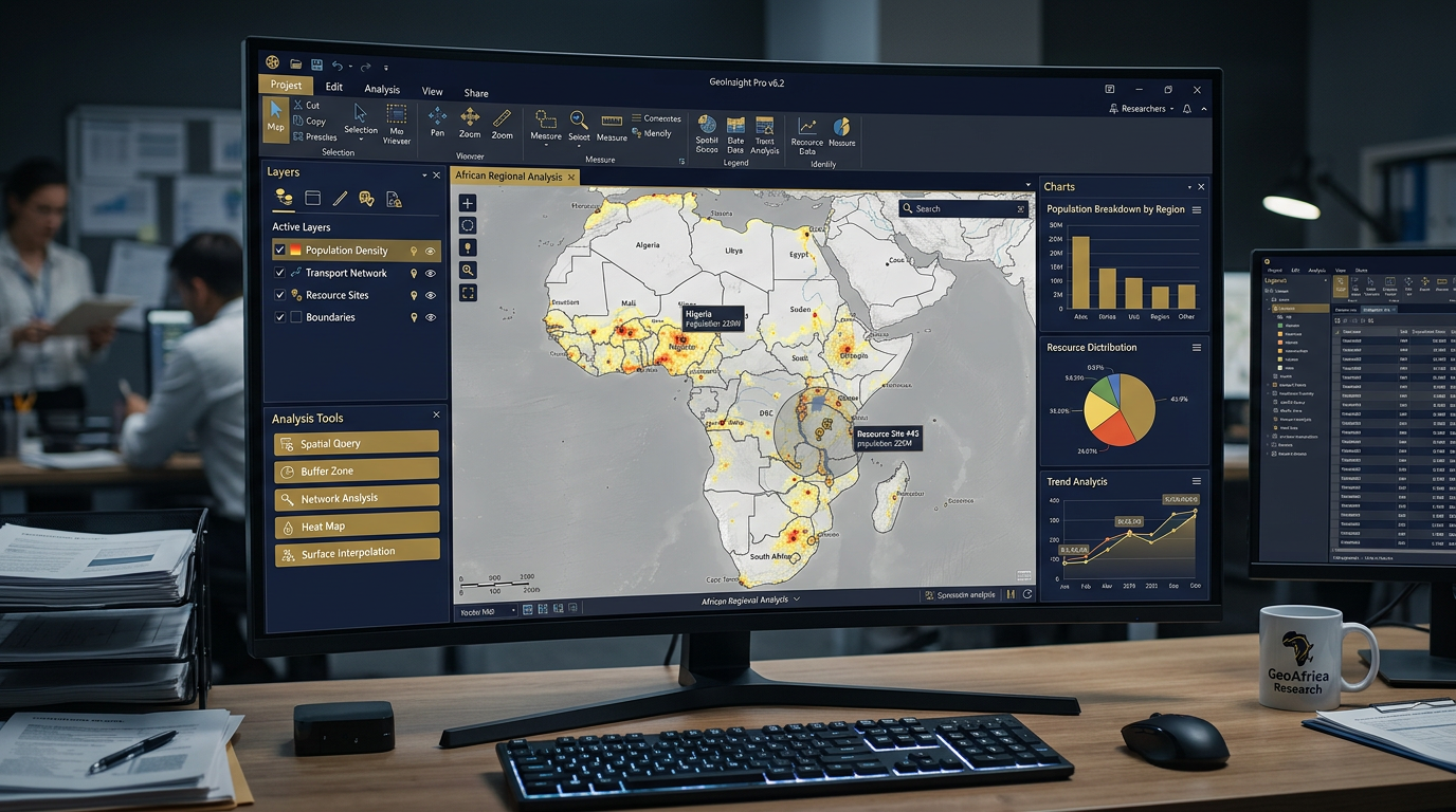 GIS software interface with geospatial analysis layers
